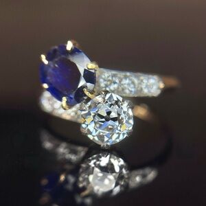 GIA Old European Cut Diamond Sapphire Art Deco Toi et Moi Ring